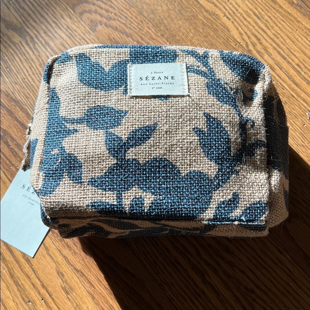 NWT Sezane Floral Jute Linen-ish Blue Makeup Travel Toiletries Bag Lined Pockets
